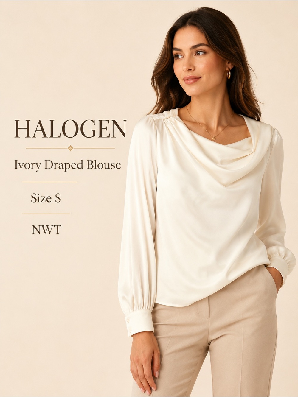 Halogen Ivory Satin Draped Blouse Size S NWT